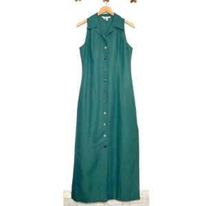 VINTAGE Linen Sleeveless A-Line Shell Button Maxi Shirtdress with Side Slits